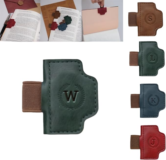 Personalized Magnetic Bygone Mark Bookmark with Pen Holder, 26 Letters Name Initial Custom Leather Book Mark for Women, Gifts for Book Lovers and Readers (Green,W)