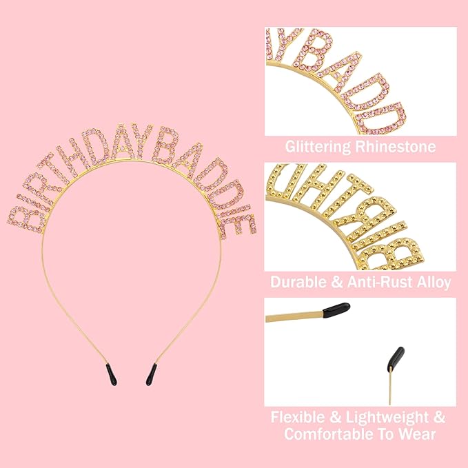 Canitor Birthday Baddie Sash Crown Set Birthday Gifts Party Favors Supplies Decorations & Accessories for Women Girl Adult Outfits Rhinestone Tiara Headband Soft Satin Sash