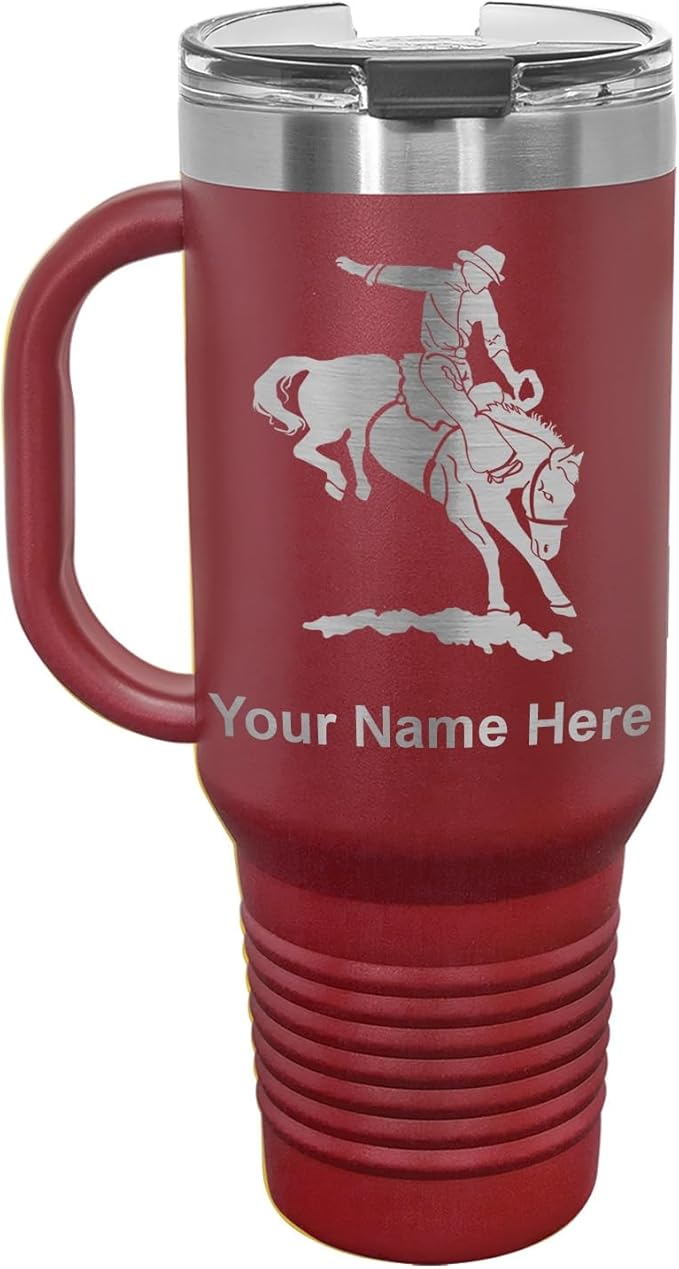 LaserGram 40oz Vacuum Insulated Travel Mug with Handle, Bronco Rider, Personalized Engraving Included (Maroon)