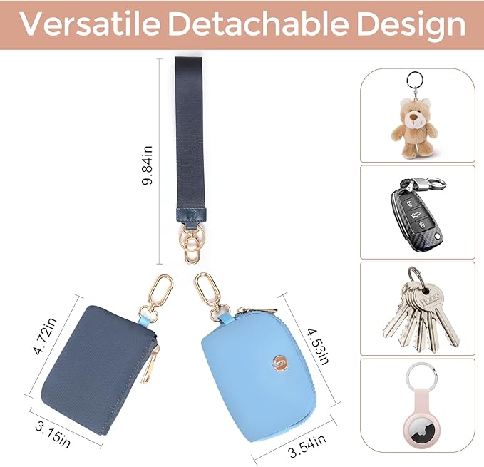 Dual Pouch Wristlet Keychain Wallets for Women with 2 Detachable Zipper Coin Purse - Small and Portable Mini Card Wallet for Women Men Gold Hardware Navy+Sky Blue