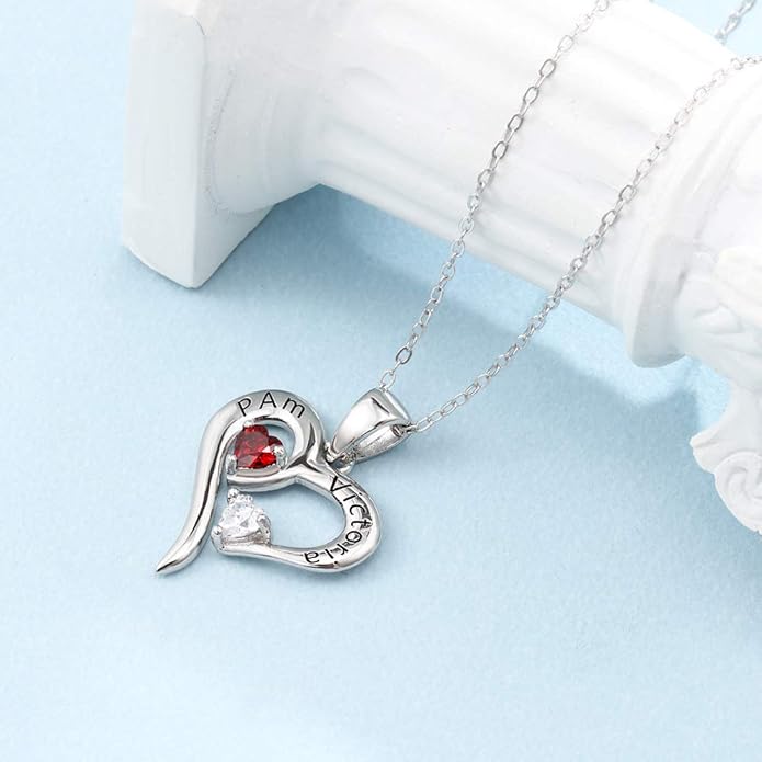 Sterling Silver Personalized 2 Names Necklace with 2 Heart Simulated Birthstone Couple Pendant Necklace for Women