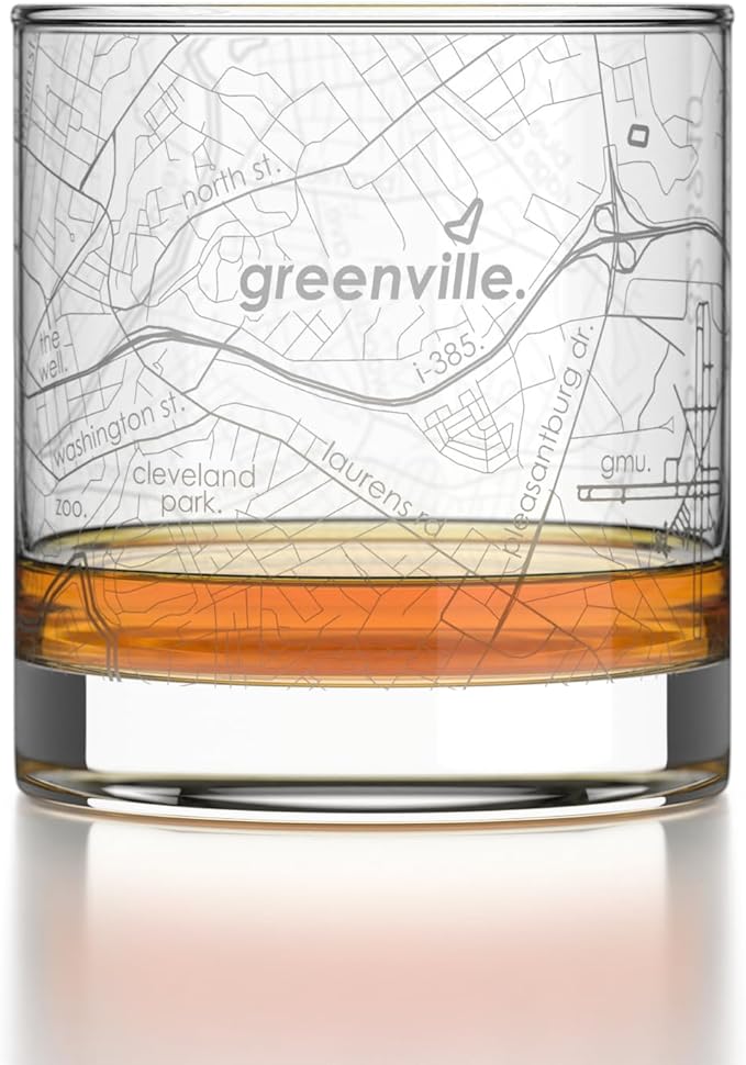 Well Told Engraved Greenville South Carolina Map Rocks Glass, Old Fashioned Glassware (11 oz, Clear) Etched Bourbon Tumbler, Gifts For Whiskey Lovers