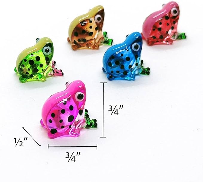 WitnyStore Tiny ¾ Inch Multicolor Black Dotted Frog Figurine 5 Colors Set - Miniature Hand Blown Glass Poison Frogs Amphibian Animals Colorful Small Crystal Decorative Collectible Figures Décor Gifts