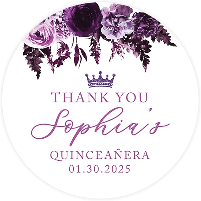Andaz Press 40-Pack Personalized 2" Round Circle Quinceañera Labels, Purple Florals Custom Thank You Sticker Labels for Mis Quince Años, XV, 15th Birthday Favor Gifts Quinceanera Decorations