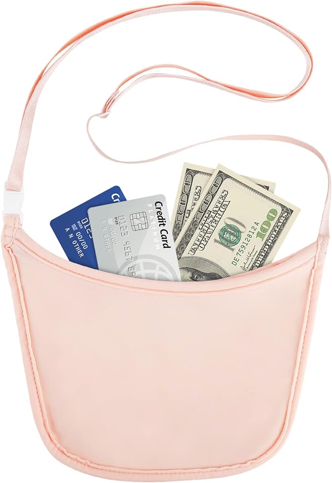Hidden Wallet, Travel Hidden Wallet Under Clothes, Undergarment Crossbody Secert Body Pouch for Passport Money & Valuables, (Pink)