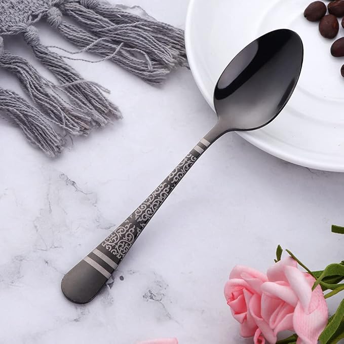 Black Unique Pattern Design Coffee Espresso Spoons Mini, Mingcheng Stainless Steel Small Teaspoons Silverware Set of 6, BISDARUN 5.5 Inches Food Spoons for Demitasse Dessert Tea