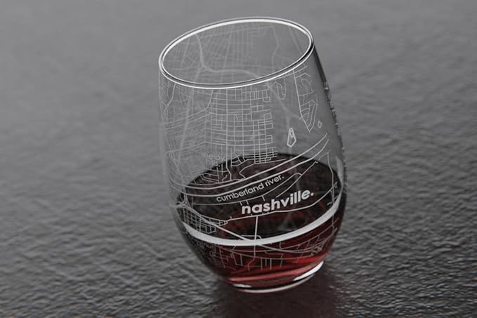 Well Told Engraved Nashville Tennessee Map Stemless Wine Glass, Etched Glassware (15 oz, Clear) City Map Gift, Custom Barware, Gifts for Wine Lovers