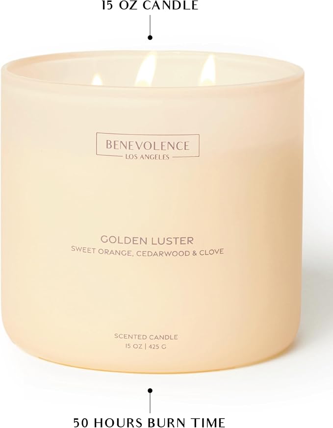 Orange, Cedarwood & Clove – Benevolence LA Large 3-Wick Scented Candle for Home | 15oz, 50-Hour Burn | Soy Wax, Cotton Wicks | Gift Ideas for Women | Malibu Sands Collection