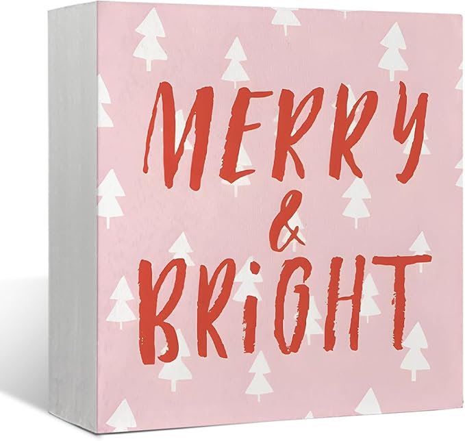 Mtrgdn Pink Christmas Decor Wooden Box Sign, Merry and Bright Wooden Box Signs,Xmas Holiday Gifts,Christmas Table Decorations for Home Bedroom Bathroom Kitchen Desk Decor 5x5