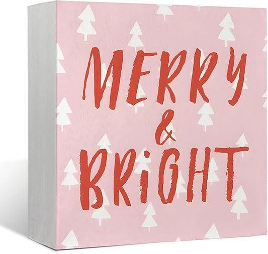 Mtrgdn Pink Christmas Decor Wooden Box Sign, Merry and Bright Wooden Box Signs,Xmas Holiday Gifts,Christmas Table Decorations for Home Bedroom Bathroom Kitchen Desk Decor 5x5