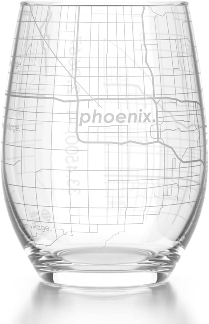 Well Told Engraved Phoenix Arizona Map Stemless Wine Glass, Etched Glass (15 oz, Clear) City Custom Gifts for Lovers