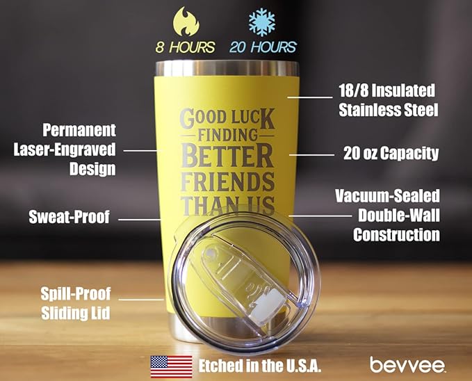 Good Luck Finding Better Friends Than Us - Insulated Coffee Tumbler Cup with Sliding Lid - Stainless Steel Insulated Mug - Funny Farewell Gift For Best Friend Moving Away - Yellow