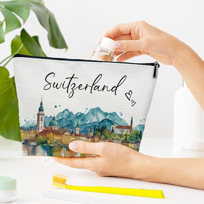 Switzerland Trip Gifts Makeup Bag, City Travel Cosmetic Bag for Purse, Watercolor Gifts, Switzerland Souvenir, Trip Favors for Traveller Lovers, City Themed Organizer