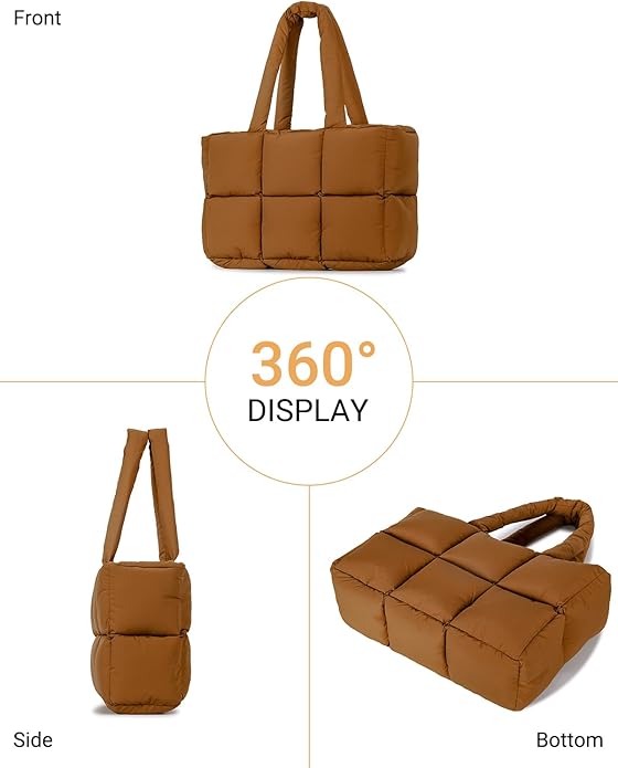 Herald Puffer Tote Bag for Women, Large Quilted Puffy Handbag Lightweight Satchel Purse with Cup Holder & Compartment
