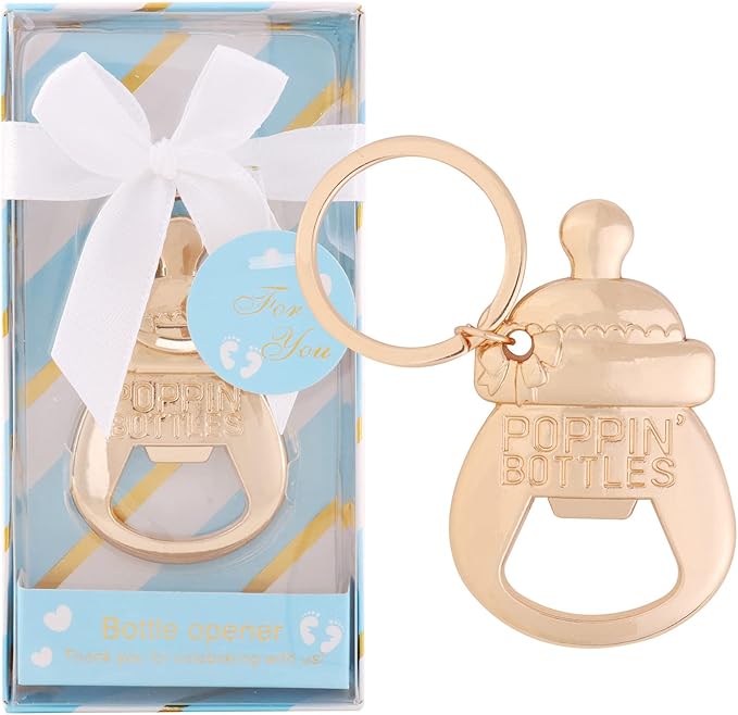 24 Pack POPPIN BOTTLES Key Chain Bottle Opener Boy Baby Shower Favors for Guests,Boy Baby Shower Souvenirs Bottle Opener,Boy Blue Baby Shower Decoration Supplies (Blue, 24)