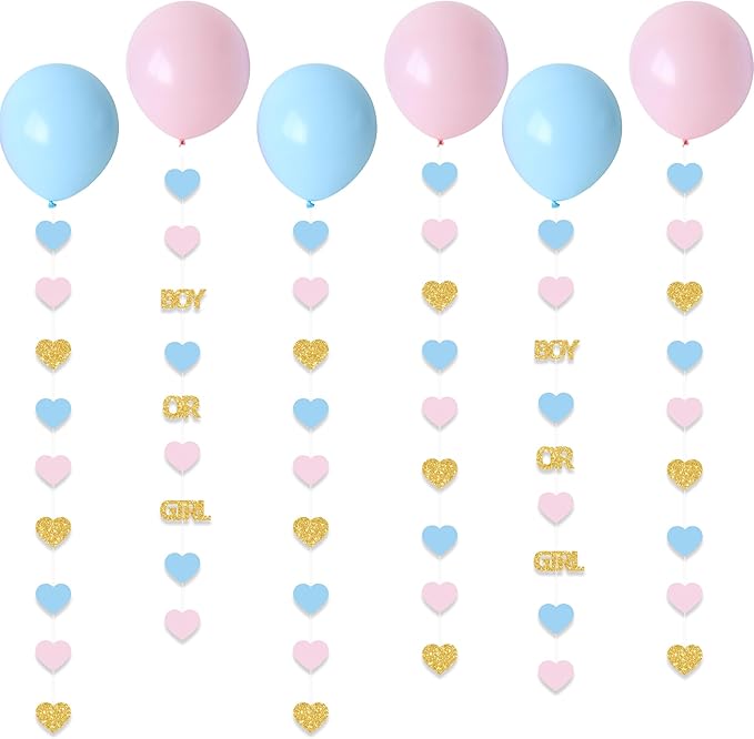 Boy or Girl Gender Reveal Decorations 6PC Pink Blue Balloon Tails with Heart Streamer Garland for Baby Shower Decorations