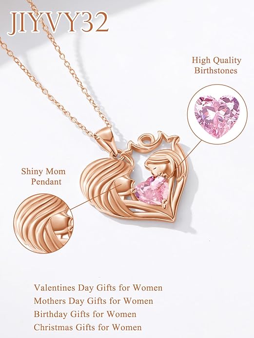 Mother and Daughter/Son Love Heart Necklace White Gold/14K Gold/Rose Gold Birthstone Jewelry Christmas Mothers Day Birthday Gifts For Mom Wife Grandma Women
