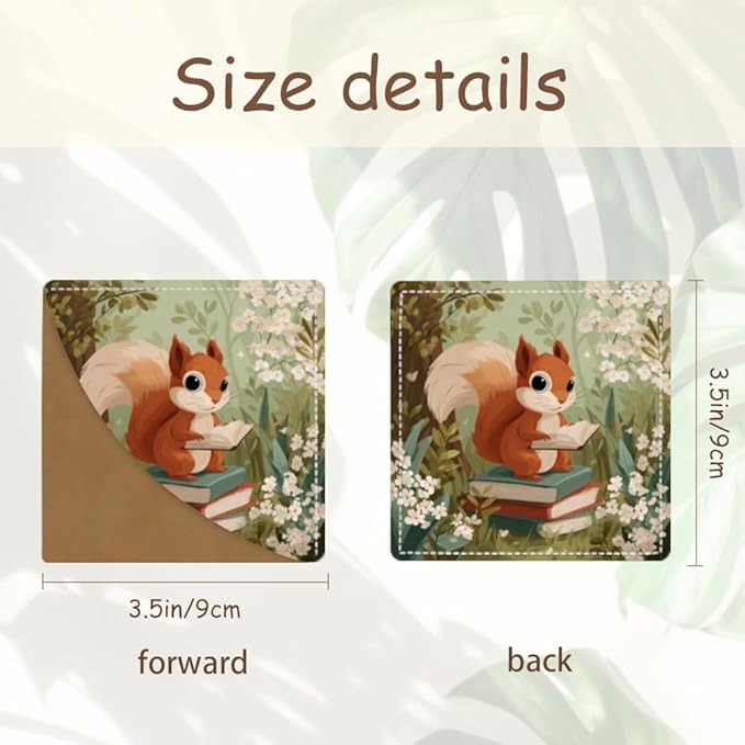 2PCS Leather Bookmarks 3.54 x 3.54 Inch Cute Squirrel Reading Books Design Reading Accessories for Books Journals Bibles Travel Diary Students Teachers and Book Lovers Gift