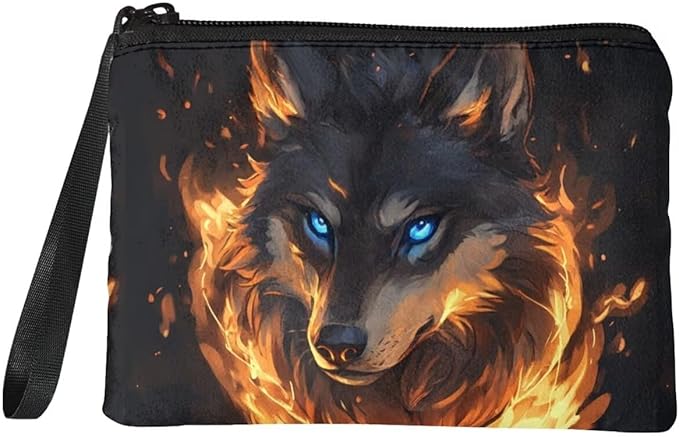 Dolyues Wolf Fire Coin Purse Pouch Animal Print Coin Change Purses Cool Coin Holders For Kids Zipper Wallet with Hand Wristlet Lightweight and Portable