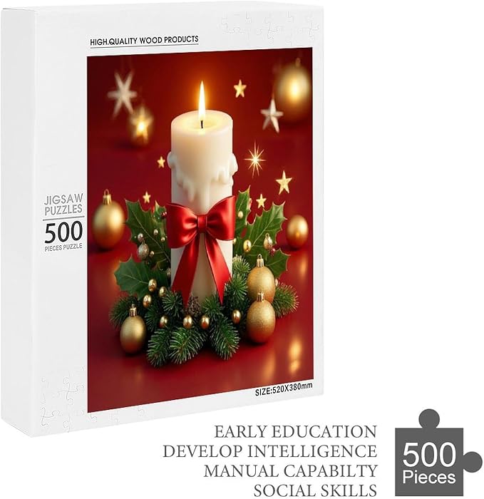 Jigsaw Puzzles for Adults 500 Piece - Christmas Atmosphere Candle Light，Merry Christmas Themed Wooden Puzzles，Family Puzzles，Funny Puzzles，Stress Relief Games，Puzzle Games