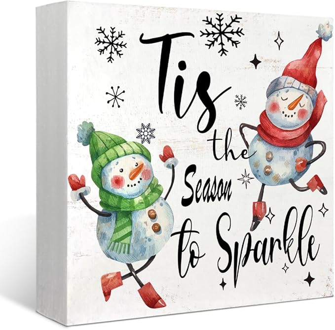 Mtrgdn Christmas Snowman Decor Sign,Winter Xmas Tis the Season to Sparkle Snowmans Indoor Wooden Box Signs,Christmas Decorations for Home Bathroom Bedroom Office Table Desk Shelf Wall Decoration,5x5 Inch