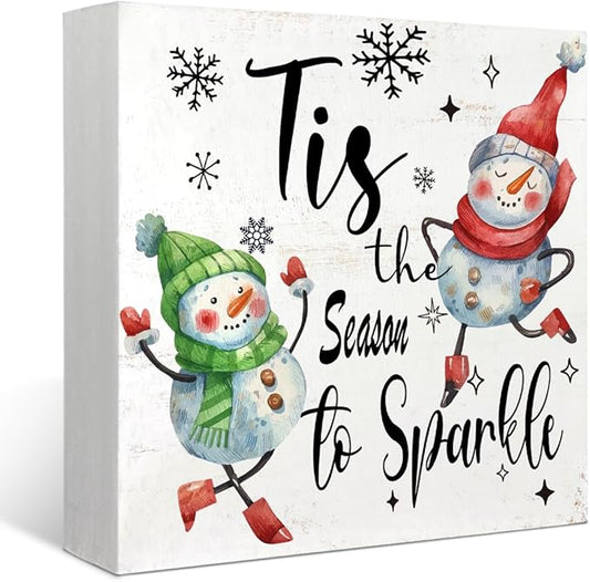 Mtrgdn Christmas Snowman Decor Sign,Winter Xmas Tis the Season to Sparkle Snowmans Indoor Wooden Box Signs,Christmas Decorations for Home Bathroom Bedroom Office Table Desk Shelf Wall Decoration,5x5 Inch