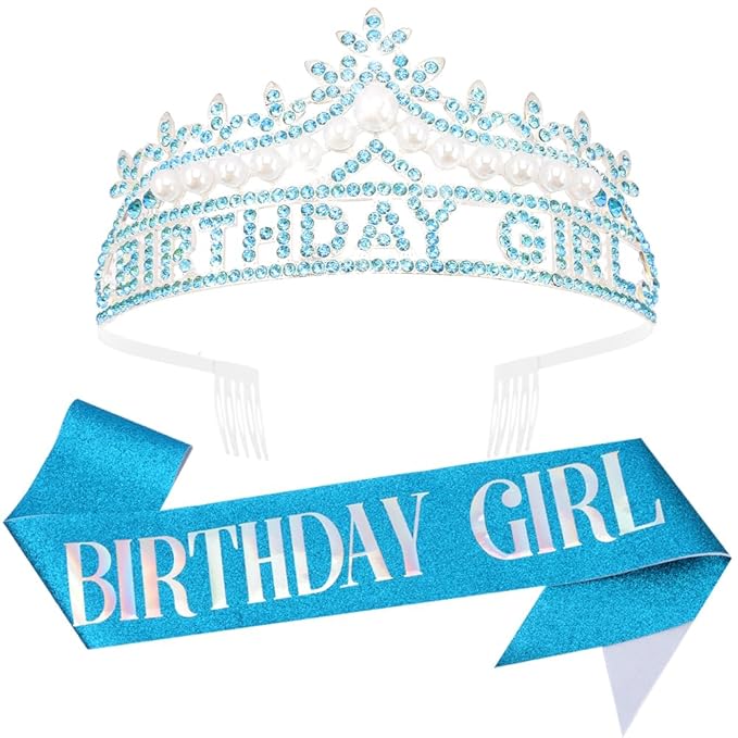Blue Birthday Girl Crown and Sash, Pearl Birthday tiara, Blue Birthdays Decorations Set, Princess Crown Tiara for Women and Girls