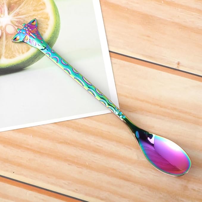 Colorful Titanium-plated Stainless Metal Animal Shape Mini Stirring Spoon Cartoon Tiny Dessert Spoon with Long Handle Rust-resistant Kitchen Tableware for Coffee and Tea