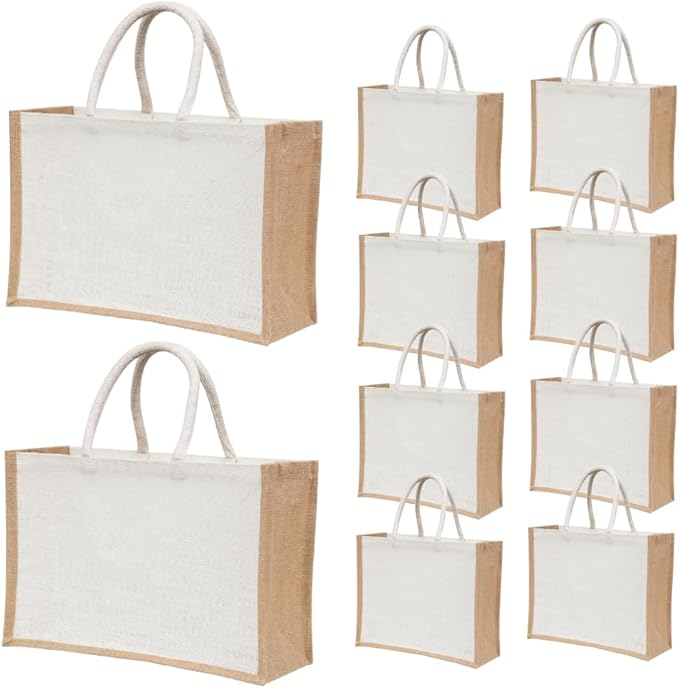 10 Pcs Large Reusable Jute Burlap Tote Bags – 15.8″×11.9″×5.9″, Eco-Friendly Shopping & Beach Bags with Handles Bridesmaid Gift Tote, Wedding Favor Totes, Return Gift Bag