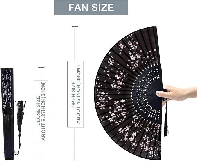 Hand Held Fan for Women Foldable, Chinese Japanese Vintage Bamboo Silk Folding Fans Hand Fan for Dance Music Festival Wedding Church Decoration (Black Little Sakura)