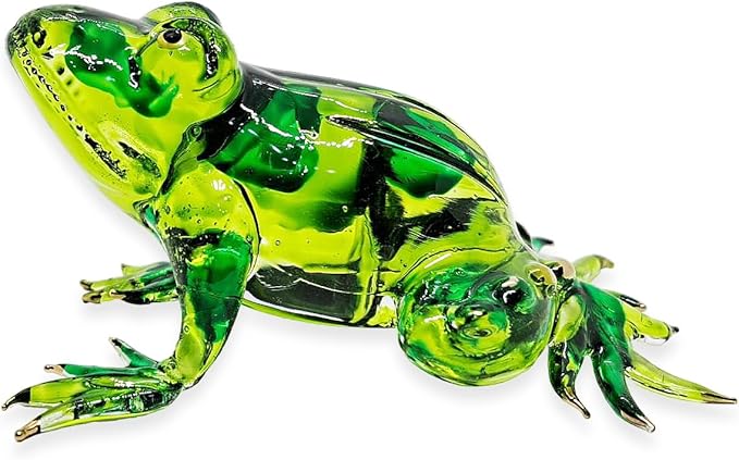 WitnyStore Tiny 3⅝" Green Patched Frog Figurine - Miniature Hand Blown Painted Glass Poison Dart Frogs Toad Amphibian Animals Colorful Small Crystal Replica Decorative Collectible Figures Décor Gifts