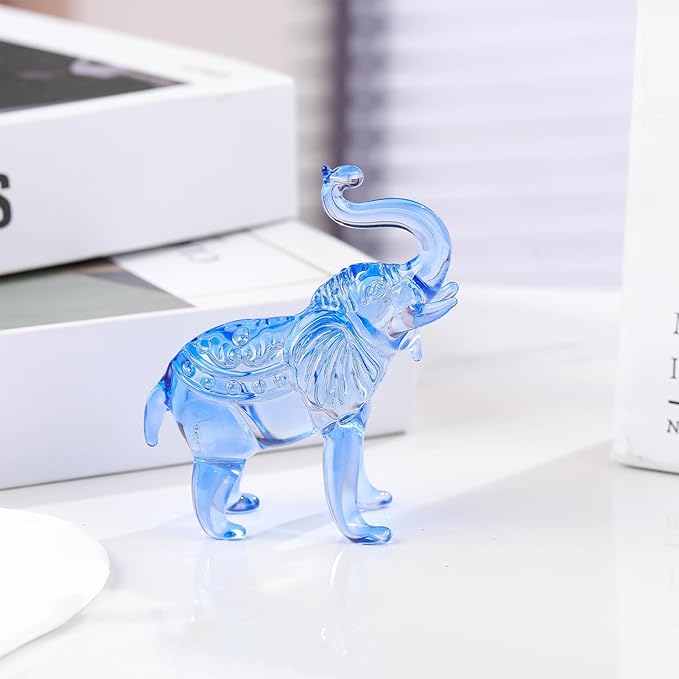 Crystal Elephant Figurine, Glass Statue Gifts, Crystal Animals Collectible Tabletop Decoration Elephant Sculpture with Trunk Up (Blue)