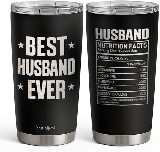 SANDJEST Husbands Tumbler 20oz, Stainless Steel Travel Cup with Lid, Best Husband Ever Insulated Coffee Mug, Husband Gifts for Men Boyfriends on Birthday Christmas Valentine