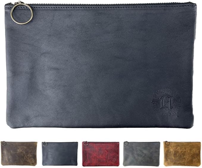 Leather Pouch with Zipper (Carbon Black, 10.5" x 7")