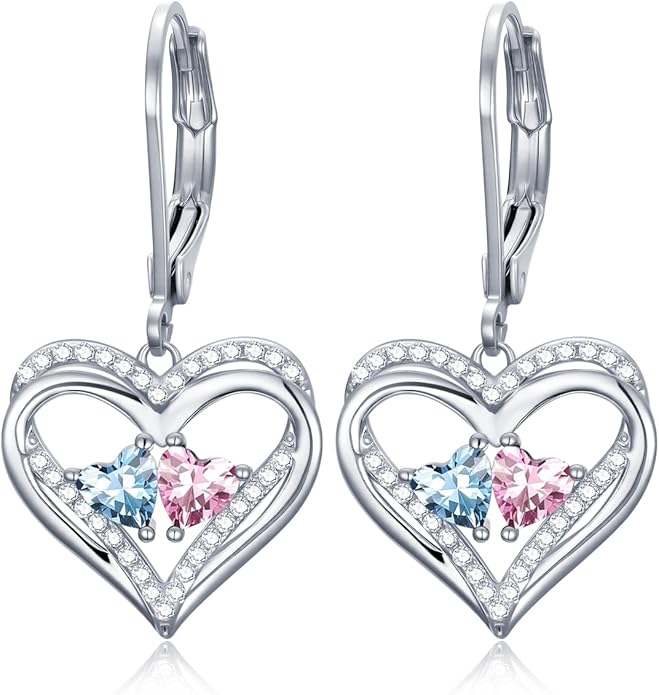 Heart Leverback Earrings Double Birthstone Dangle Earrings for Women, Love Jewelry for Her, Christmas Gifts for Women, Anniversary Birthday Gift for Mom Wife Girlfriend