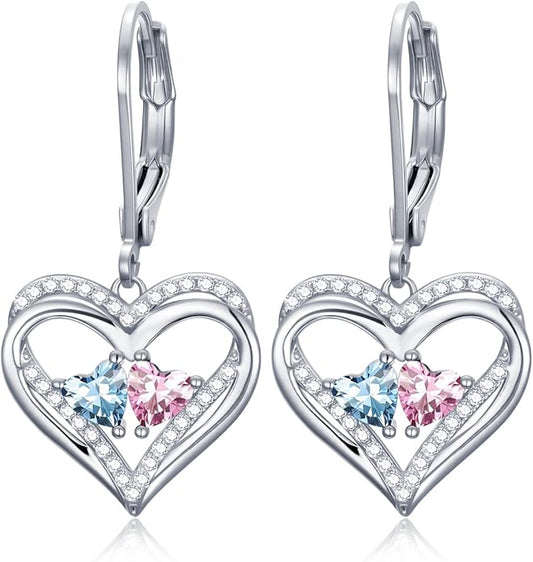 Heart Leverback Earrings Double Birthstone Dangle Earrings for Women, Love Jewelry for Her, Christmas Gifts for Women, Anniversary Birthday Gift for Mom Wife Girlfriend