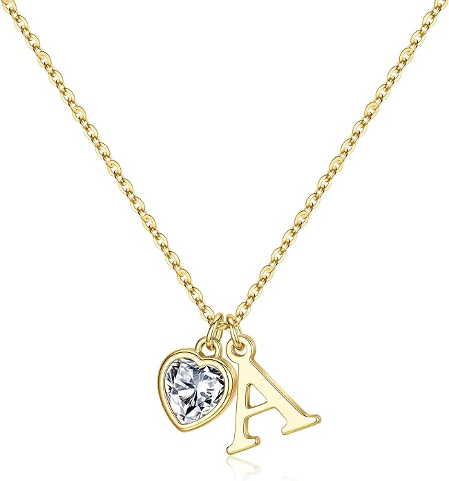 Turandoss Valentines Day Gifts for Her Trendy, Dainty 14K Gold Plated Initial A-Z Heart Birthstone Pendant Necklace Personalized Bridesmaid Birthday Valentines Jewelry Gifts for Women Girls
