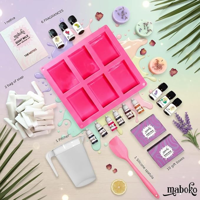 Maboko Goat Milk SOAP Making KIT for Adults – 2lb Pre-Cut Base, 6 Colors, 6 Scents, Silicone Mold, Pitcher & Gift Boxes – All-in-One DIY Soap Kit with Supplies