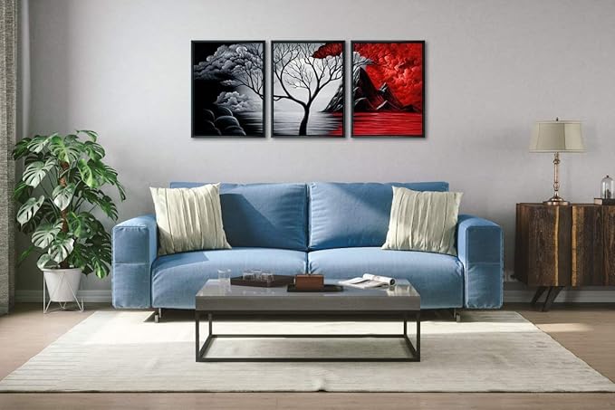Wieco Art Framed Wall Art the Cloud Tree Wall Art HD print of Oil Paintings Landscape Canvas Prints for Home Decorations, 3 Panels with Black Frames