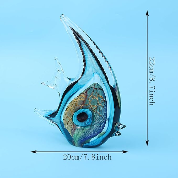 Hophen Tropical Angel Fish Art Glass Blown Handmade Sea Animal Figurine Sculpture Home Decor Collectible Statue Paper Weight Gift Ornament (Big Blue)
