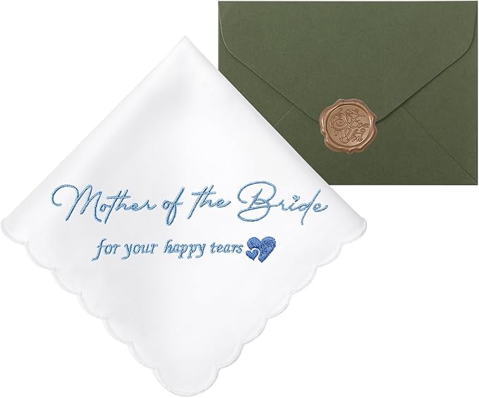 Wedding Handkerchief Something Blue for Bride, Mother Father of the Brides Groom Gifts, Embroidered Happy Tears Cotton Hanky