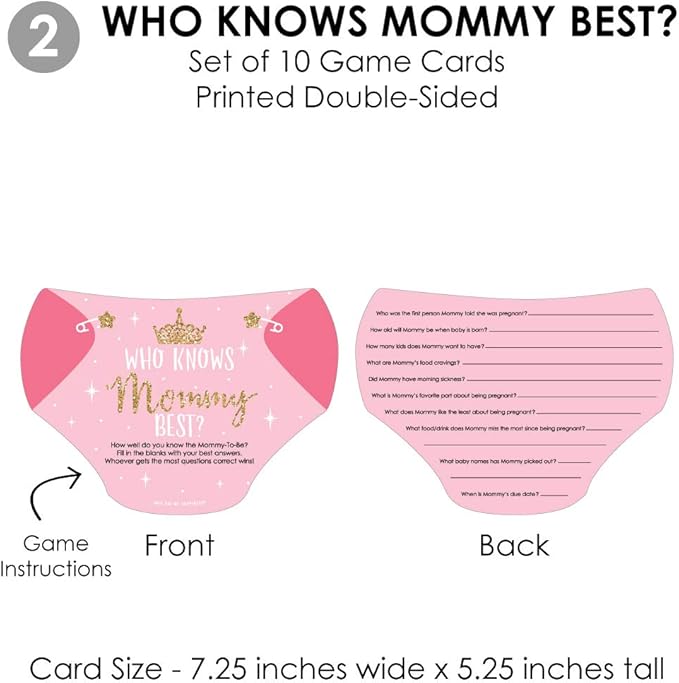 Big Dot of Happiness Little Princess Crown - 4 Pink and Gold Princess Baby Shower Games - 10 Cards Each - Who Knows Mommy Best, Mommy or Daddy Quiz, What’s in Your Purse and Oh Baby - Gamerific Bundle