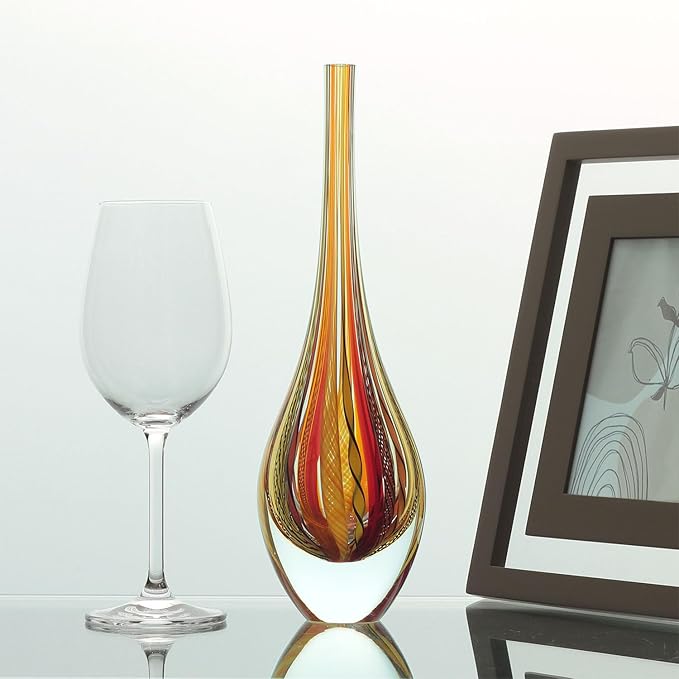 Ca D Oro Small Drop Glass Vase Boho with Red/Yellow Canes Hand Blown Murano-Style Art Glass - Model Tall