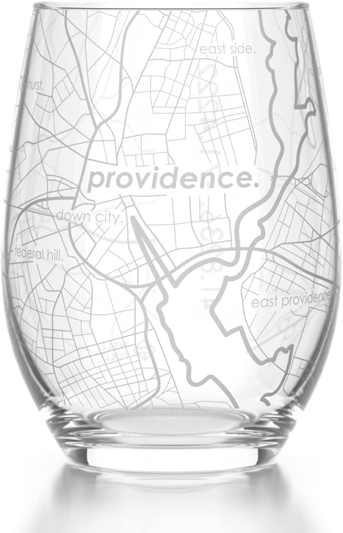 Well Told Engraved Providence Rhode Island Map Stemless Wine Glass, Etched Glass (15 oz, Clear) City Custom Gifts for Lovers