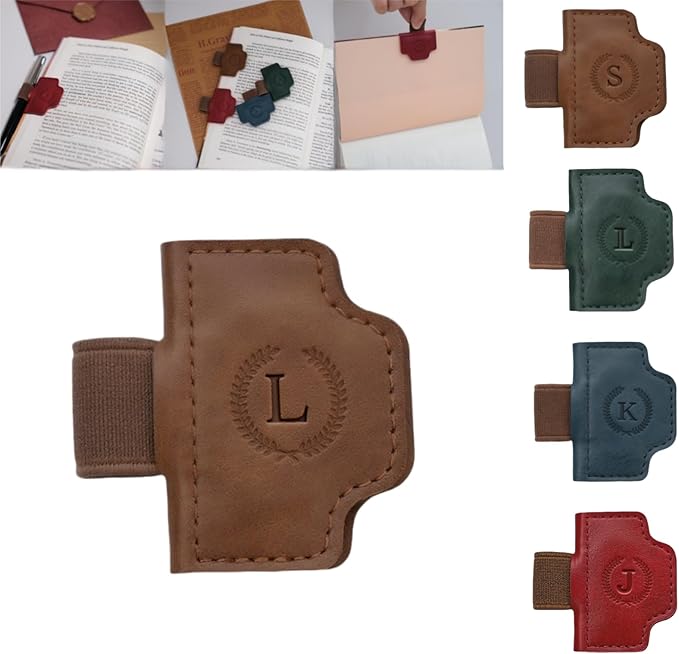 Personalized Magnetic Bygone Mark Bookmark with Pen Holder, 26 Letters Name Initial Custom Leather Book Mark for Women, Gifts for Book Lovers and Readers (Brown,L)