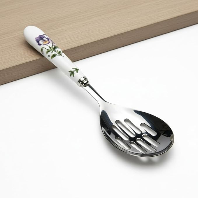 Portmeirion Botanic Garden 10" Slotted Spoon, Pansy Motif - Porcelain Handle & Stainless Steel, Chip-Resistant Glaze - Ideal for Home Gatherings & Intimate Dining, Must-Have Kitchen Tools