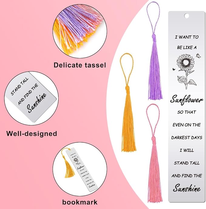 Quimoy Sunflower Gifts for Women Girls, Inspirational Gifts for Women, Sunflower Bookmark with 3 PCS Tassels for Christmas, Birthday, Valentine's Day, Thanksgiving, Graduation