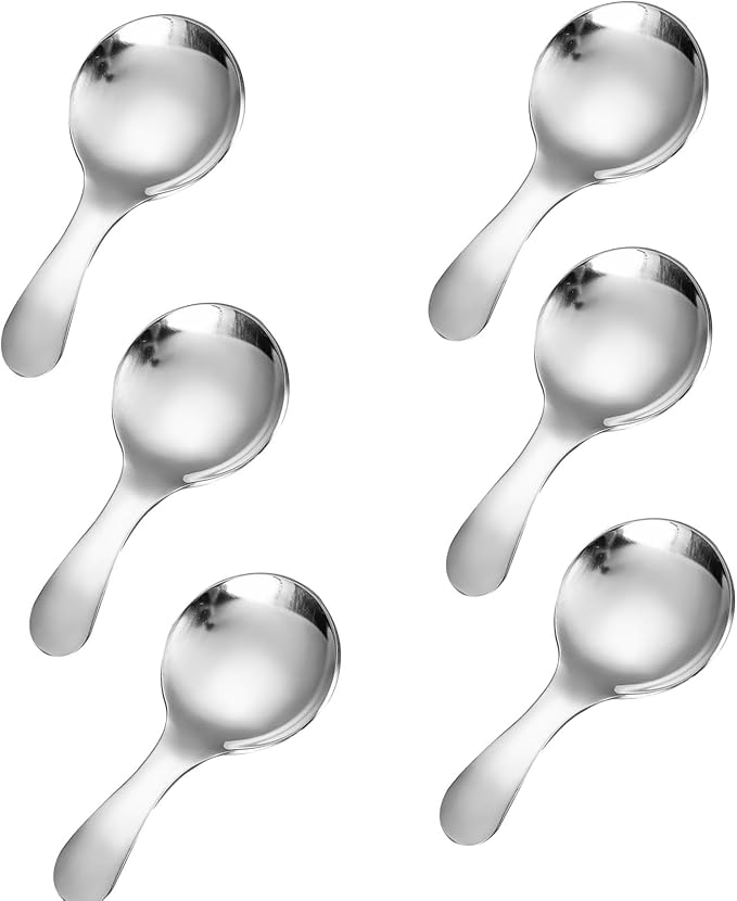 6 Pcs Stainless Steel Mini Spoon Short Handle Small Round Suitable For Dessert, Tea, Coffee, Cake, Sugar, Ice Cream Coffee Tea Spoon. (Phantom A)