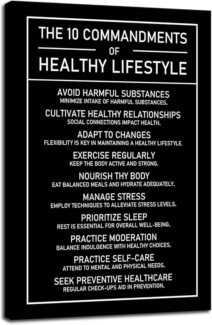 The 10 Commandments Of Healthy Lifestyle Motivational Canvas Wall Art Inspirational Exercise Healthy Growth Quote Poster Painting Prints for Office Living Room Home Decor Framed Artwork[12''W x 18''H]