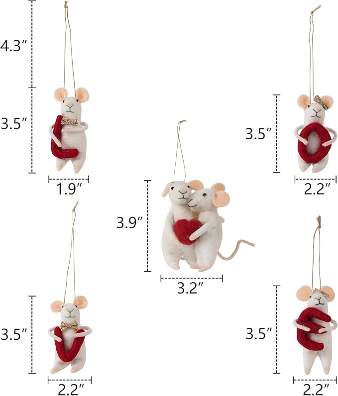 SOFFEE DESIGN Set of 5 Felt Mice Souvenirs Gifts for Wedding, Christmas Hanging Ornaments White Felt Mouse Animal Figurines Tabletop Decor for Anniversary Party Valentine's Day Gift for Women